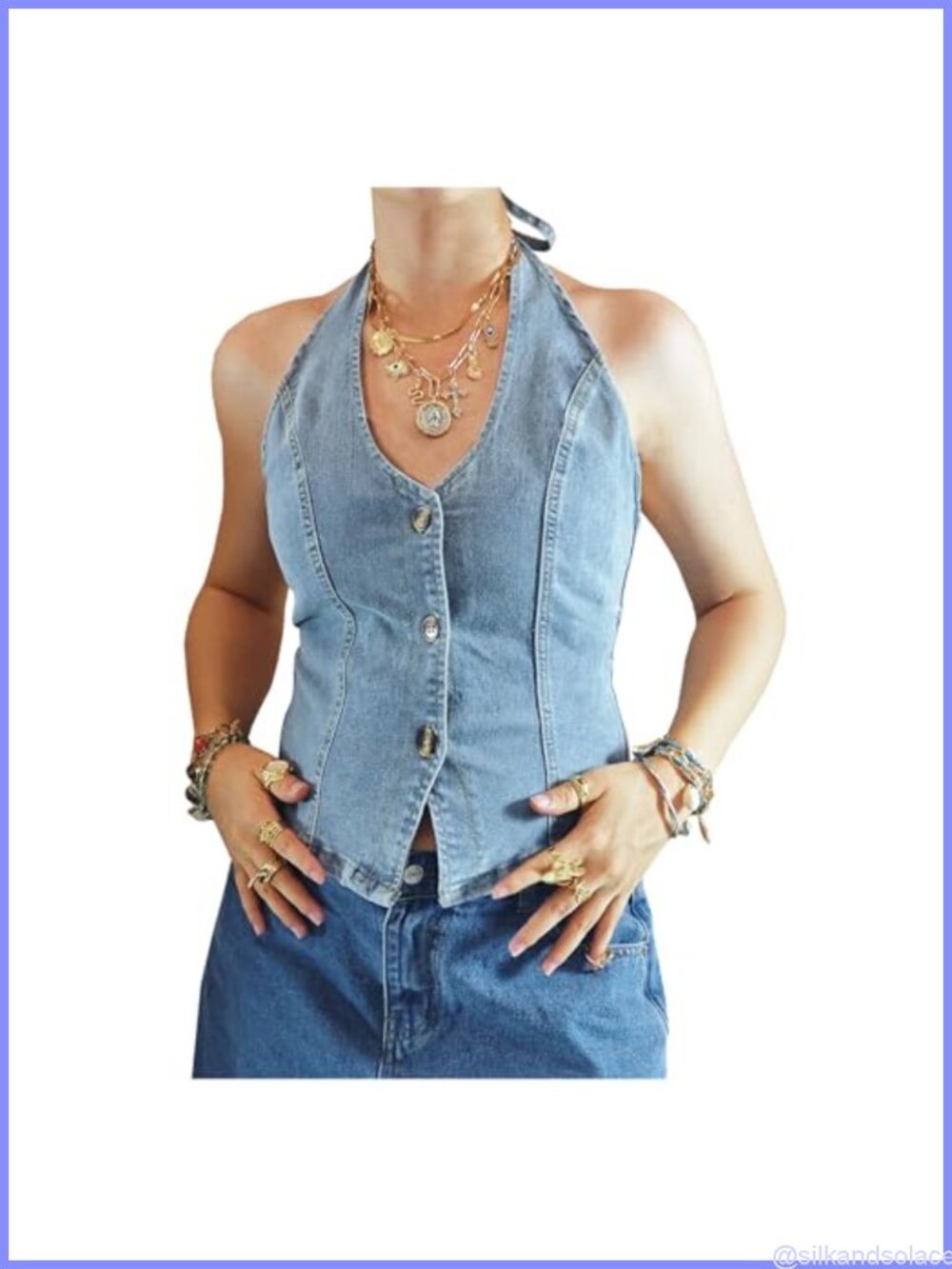 Sleeveless Denim Halter Crop Top Backless Button Down Jean Vest V Neck Tie Back